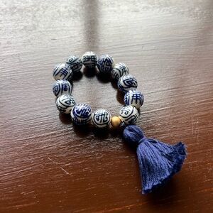 Blue and White Beaded Bracelet with Tassel